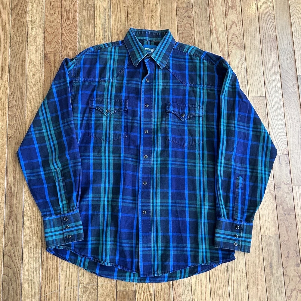 Wrangler Western Shirts Mens Size‎ Large Plaid Pearl Snap Long Sleeve